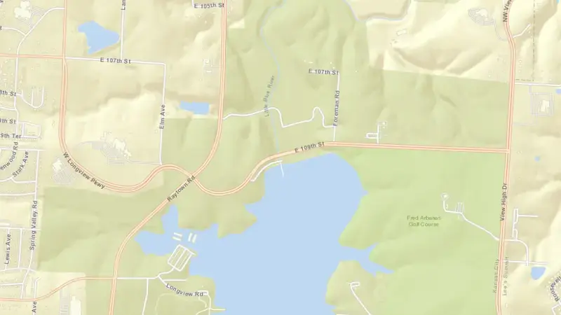 Road map of Longview Dam & Reservoir reservoir, Missouri, United States