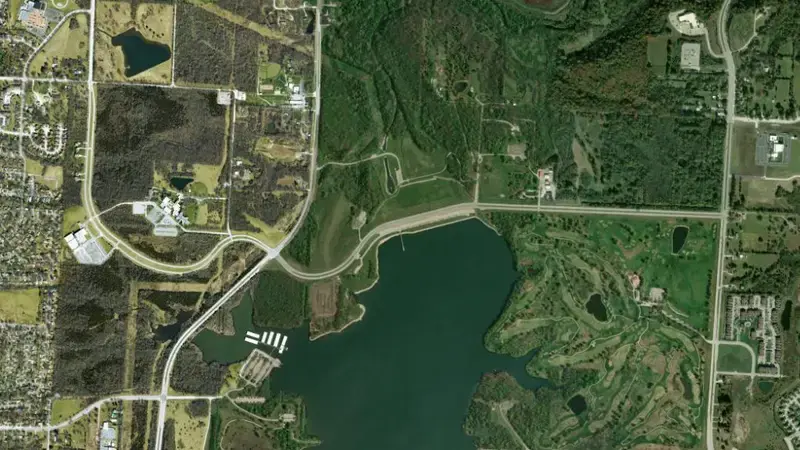 Satellite view of Longview Dam & Reservoir reservoir, Missouri, United States