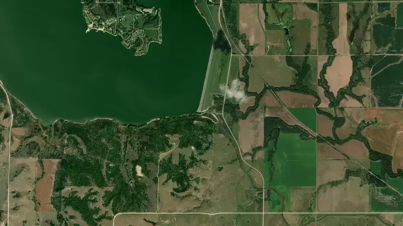 Satellite view of Lovewell Reservoir and Dam reservoir, Kansas, United States