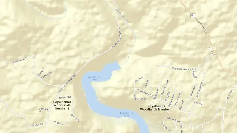 Road map of Loyalhanna Lake, PA reservoir, Pennsylvania, United States