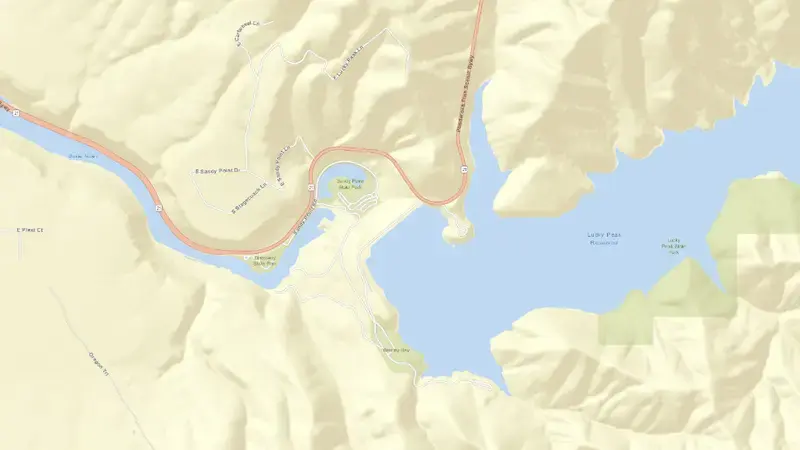 Road map of Lucky Peak Lake and Dam reservoir, Idaho, United States