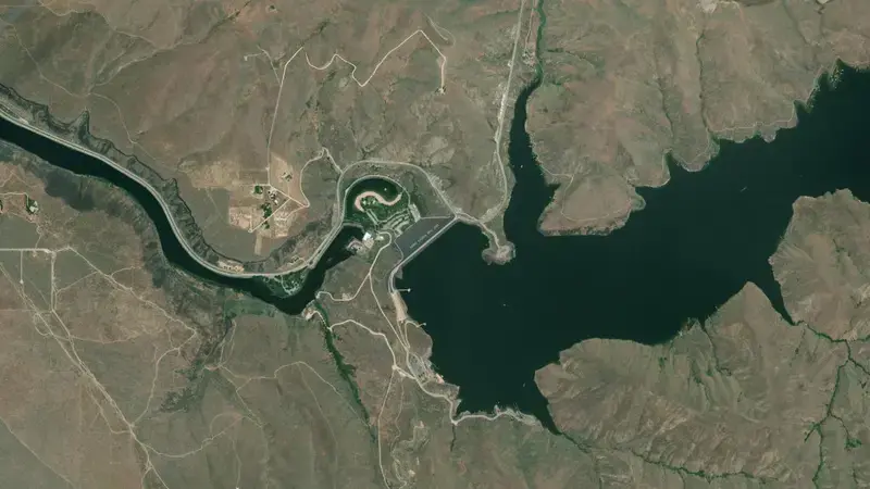 Satellite view of Lucky Peak Lake and Dam reservoir, Idaho, United States