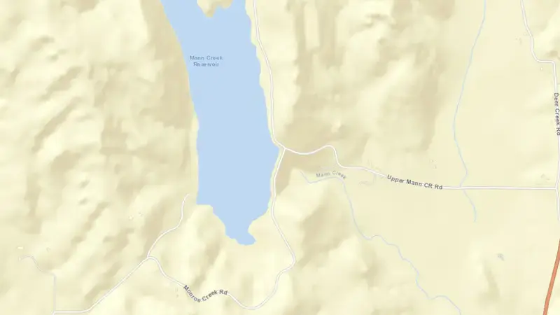 Road map of Mann Creek Reservoir and Dam reservoir, Idaho, United States