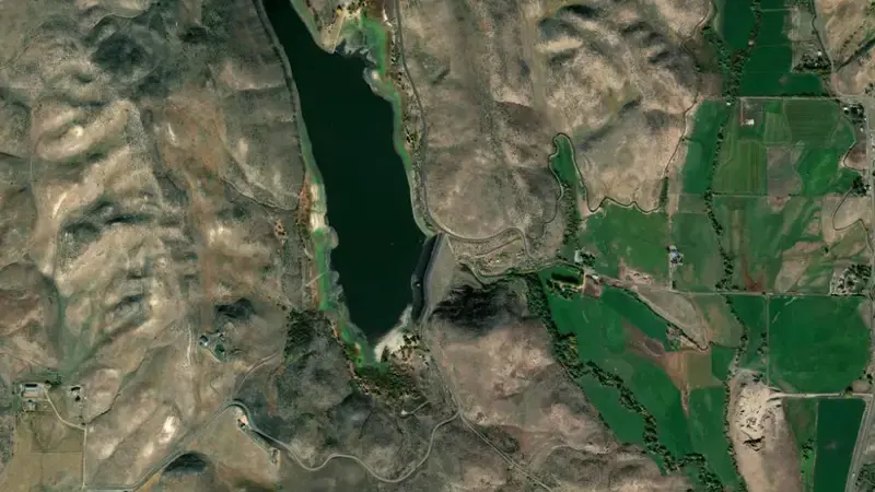 Satellite view of Mann Creek Reservoir and Dam reservoir, Idaho, United States