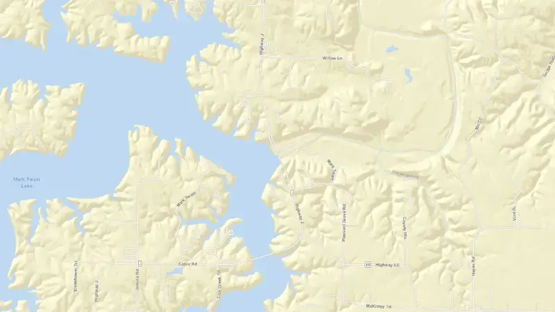 Road map of Mark Twain Pool reservoir, Missouri, United States