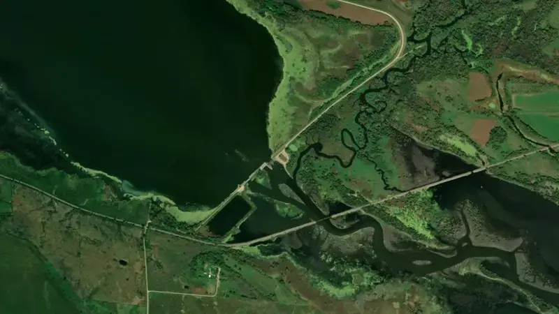 Satellite view of Marsh Lake Dam reservoir, Minnesota, United States