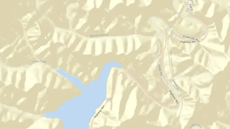 Road map of Martins Fork Dam reservoir, Kentucky, United States