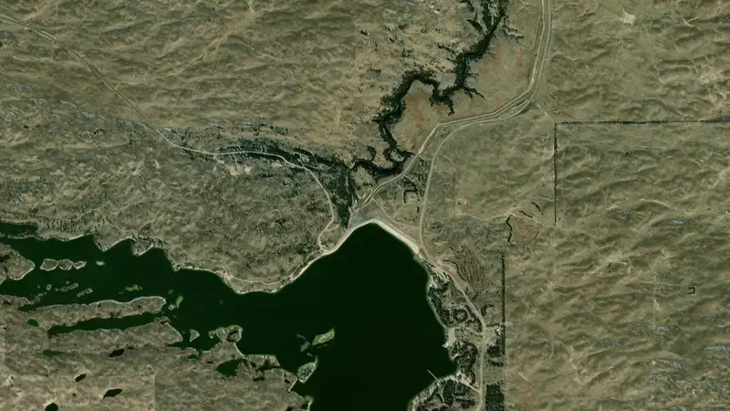 Satellite view of Merritt Reservoir and Dam reservoir, Nebraska, United States