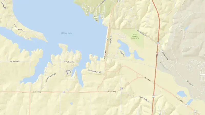 Road map of MILFORD LAKE NR JUNCTION CITY, KS reservoir, Kansas, United States