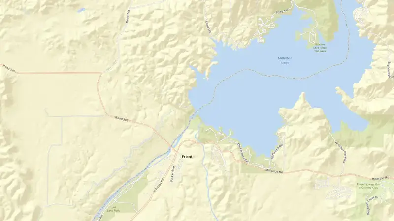 Road map of Millerton Lake reservoir, California, United States