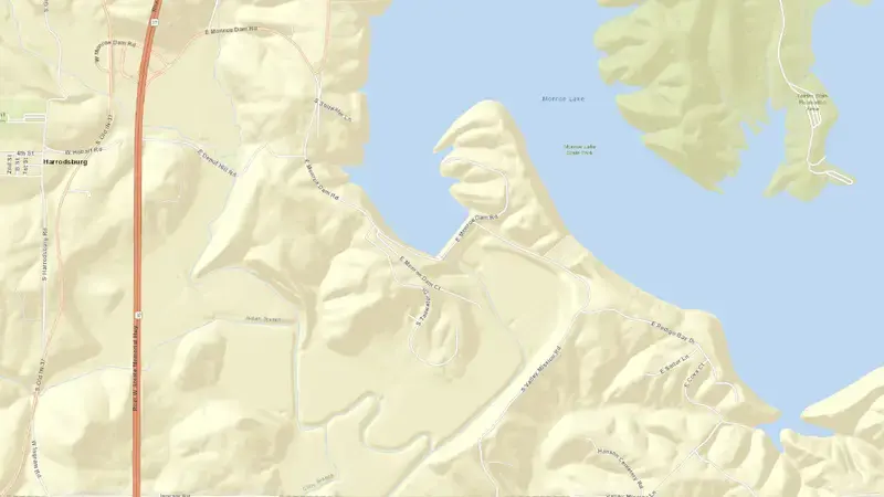 Road map of Monroe Lake reservoir, Indiana, United States