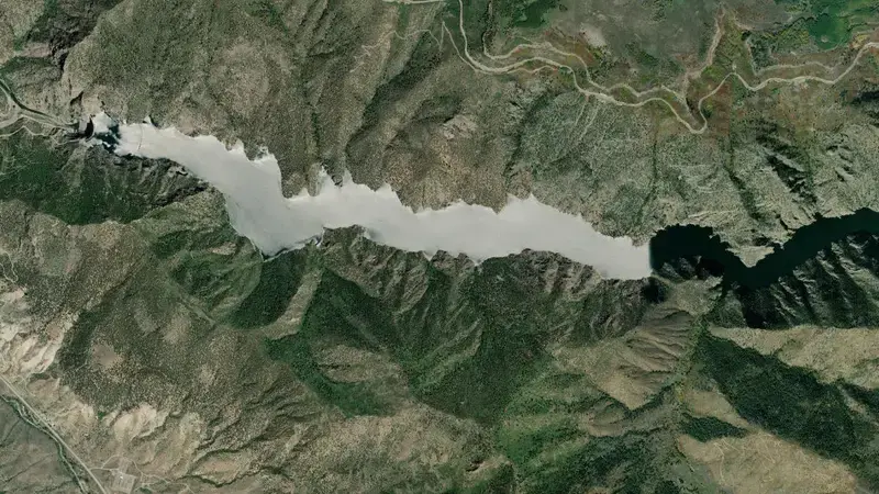 Satellite view of Morrow Point Reservoir Dam and Powerplant reservoir, Colorado, United States