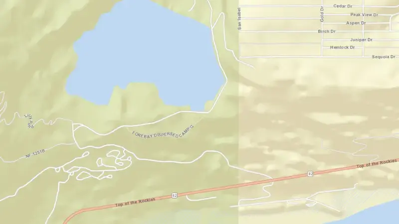 Road map of Mount Elbert Forebay Reservoir and Dam reservoir, Colorado, United States