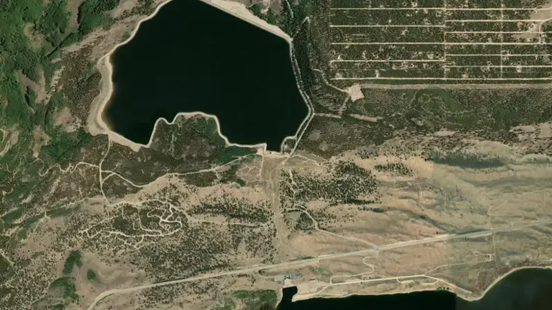 Satellite view of Mount Elbert Forebay Reservoir and Dam reservoir, Colorado, United States