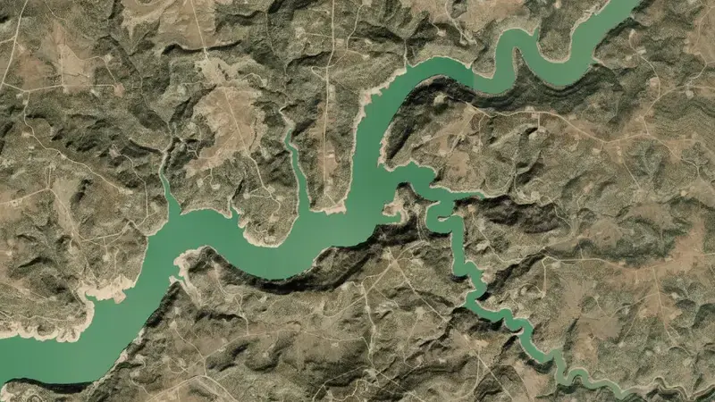 Satellite view of Navajo Reservoir and Dam reservoir, New Mexico, United States