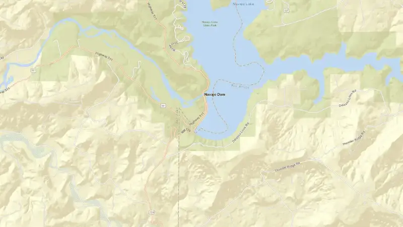 Road map of Navajo Reservoir reservoir, New Mexico, United States