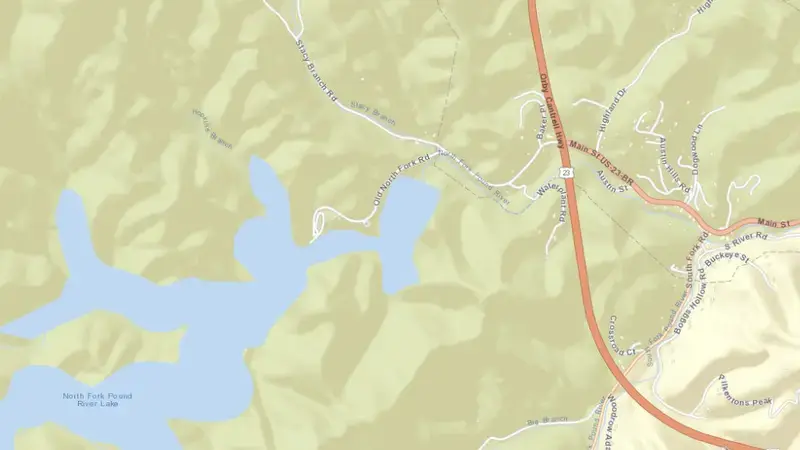 Road map of North Fork of Pound Lake reservoir, Virginia, United States