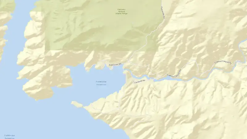 Road map of North Platte R at Pathfinder Dam reservoir, Wyoming, United States