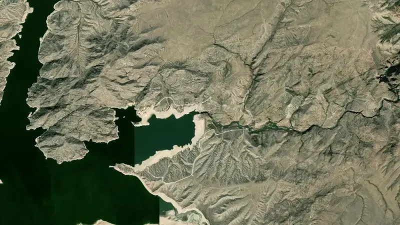 Satellite view of North Platte R at Pathfinder Dam reservoir, Wyoming, United States