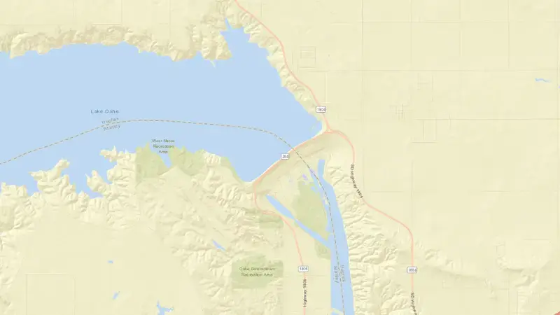 Road map of Oahe Dam & Reservoir reservoir, South Dakota, United States