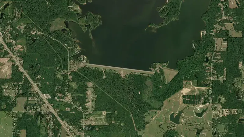 Satellite view of Okatibbee Lake reservoir, Mississippi, United States