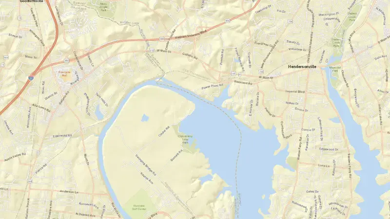 Road map of Old Hickory Lock and Dam reservoir, Tennessee, United States