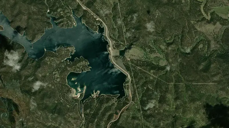 Satellite view of Pactola Reservoir and Dam reservoir, South Dakota, United States