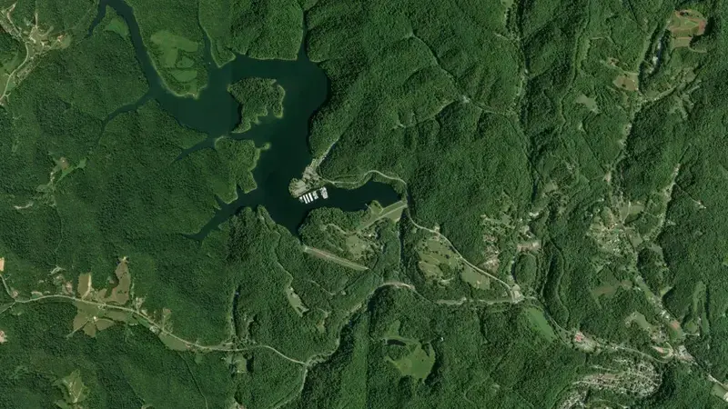 Satellite view of Paintsville Lake reservoir, Kentucky, United States