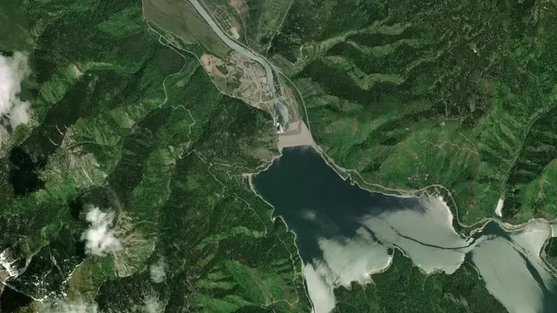 Satellite view of Palisades Reservoir, Dam, and Powerplant reservoir, Idaho, United States