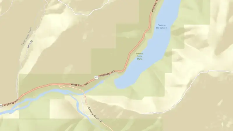 Road map of Paonia Reservoir and Dam reservoir, Colorado, United States