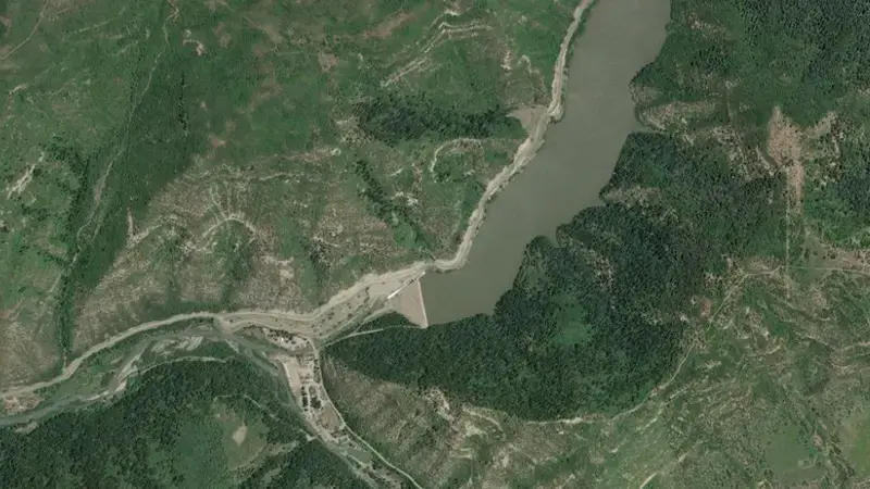 Satellite view of Paonia Reservoir and Dam reservoir, Colorado, United States