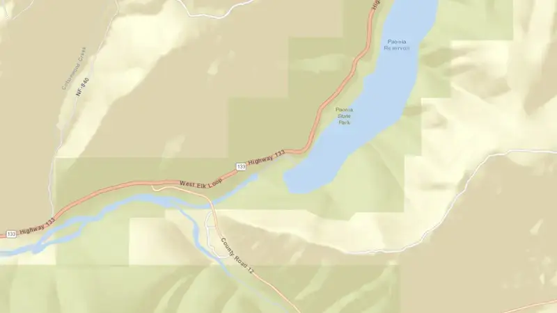 Road map of PAONIA RESERVOIR NEAR BARDINE, CO reservoir, Colorado, United States
