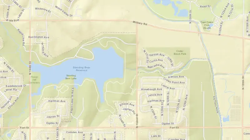 Road map of Papillion Creek Dam 16 reservoir, Nebraska, United States