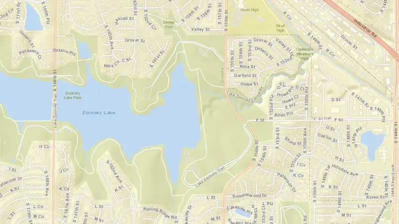 Road map of Papillion Creek Dam 18 reservoir, Nebraska, United States