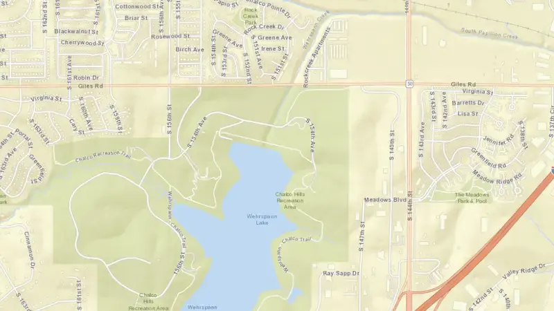 Road map of Papillion Creek Dam 20 reservoir, Nebraska, United States