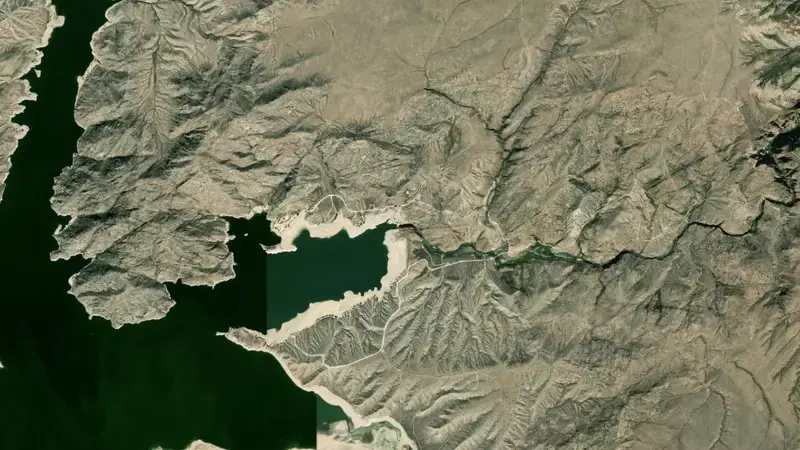 Satellite view of Pathfinder Reservoir and Dam reservoir, Wyoming, United States