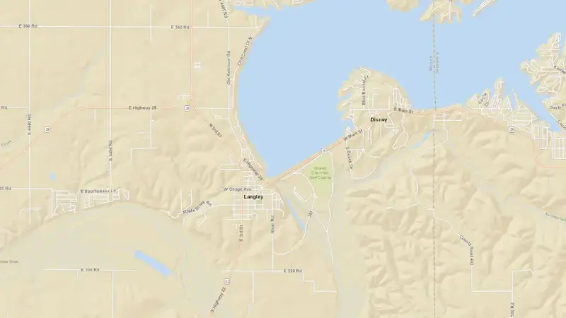 Road map of Pensacola (Grand Lake) reservoir, Oklahoma, United States