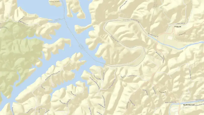 Road map of Philpott Dam reservoir, Virginia, United States