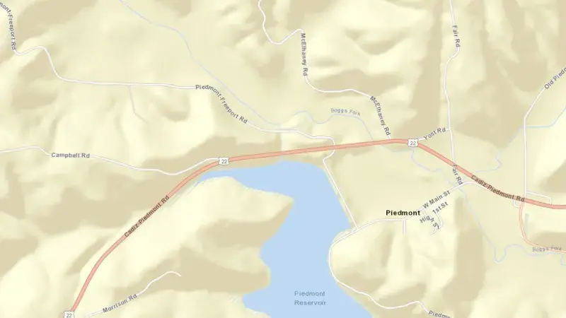 Road map of Piedmont Lake reservoir, Ohio, United States