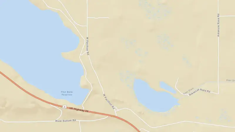 Road map of Pilot Butte Reservoir and Dam reservoir, Wyoming, United States