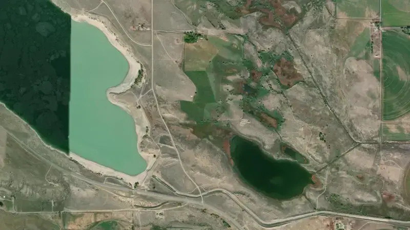 Satellite view of Pilot Butte Reservoir and Dam reservoir, Wyoming, United States