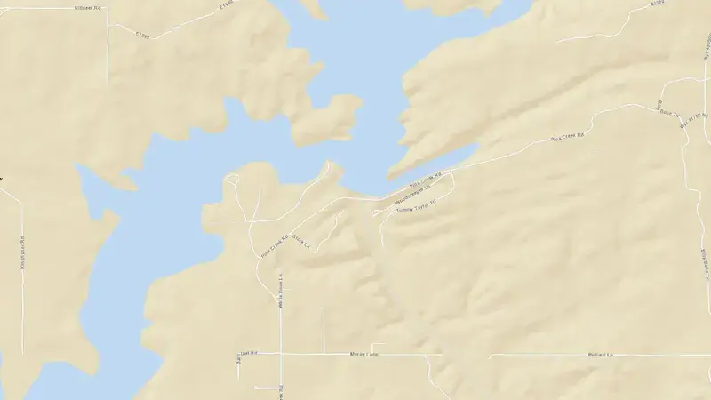 Road map of Pine Creek Lake reservoir, Oklahoma, United States