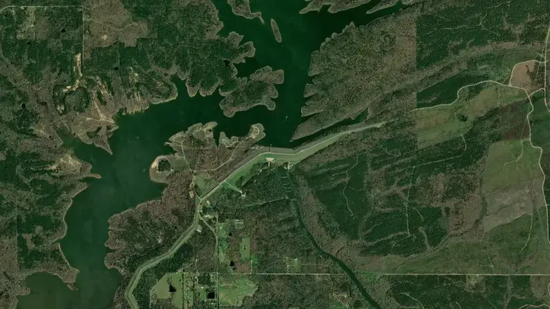 Satellite view of Pine Creek Lake reservoir, Oklahoma, United States