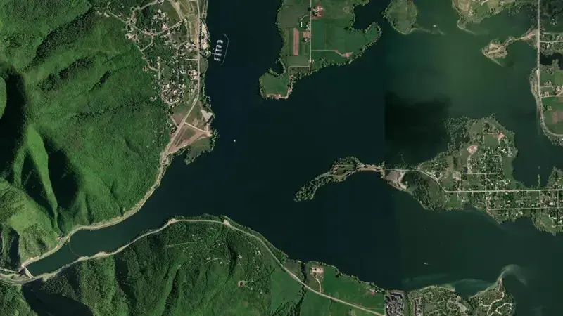 Satellite view of Pineview Reservoir Dam and Powerplant reservoir, Utah, United States