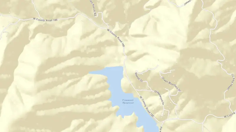 Road map of Pinewood Reservoir and Rattlesnake Dam reservoir, Colorado, United States