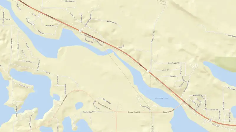 Road map of Pokegama Lake Dam reservoir, Minnesota, United States