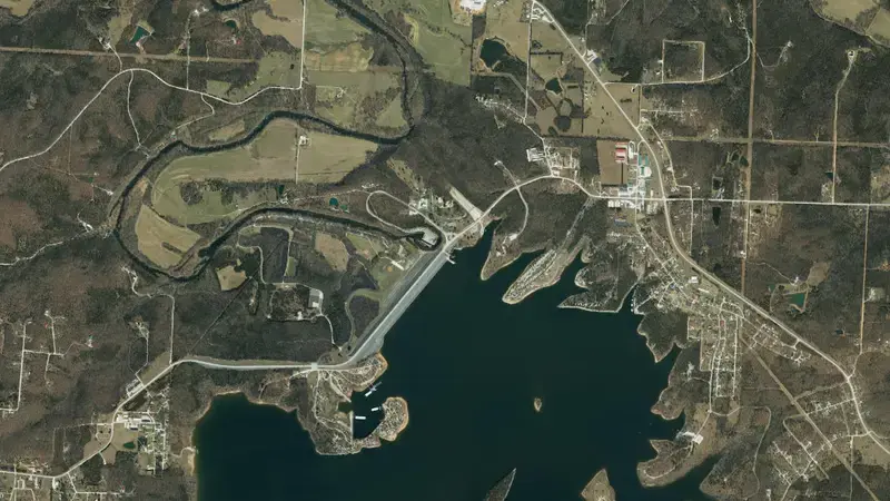 Satellite view of Pomme de Terre Dam & Reservoir reservoir, Missouri, United States