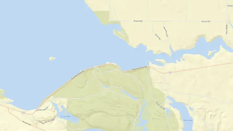 Road map of Potholes Reservoir and O'Sullivan Dam reservoir, Washington, United States