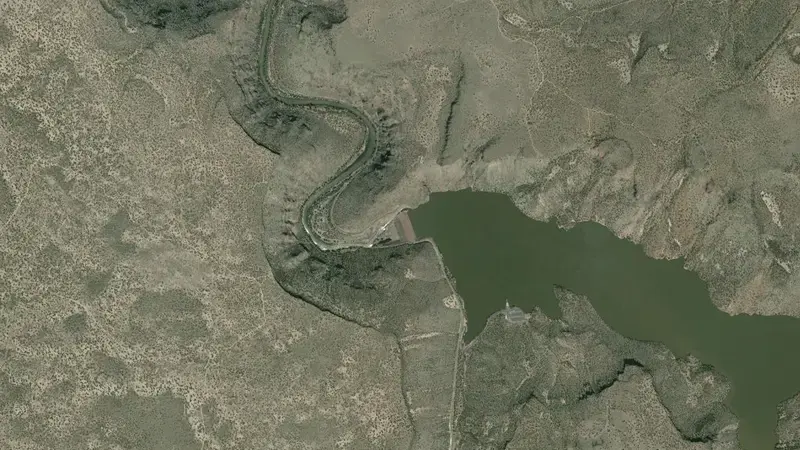 Satellite view of Prineville Reservoir and Arthur R. Bowman Dam reservoir, Oregon, United States