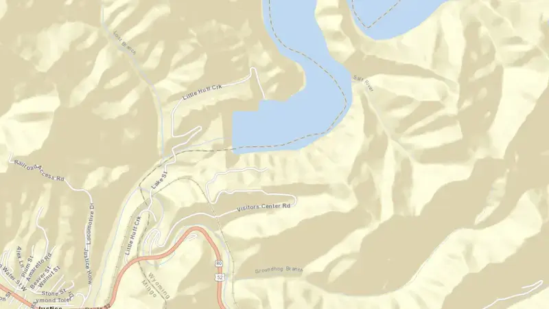 Road map of R.D. Bailey Lake reservoir, West Virginia, United States
